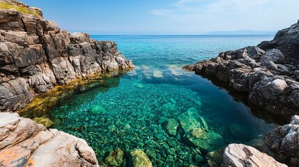 Fototapeta premium Crystalclear tidal pools in a hidden beach cove, rocky cliffs surrounding the calm ocean, peaceful coastal retreat, tidal pools, natural wonder