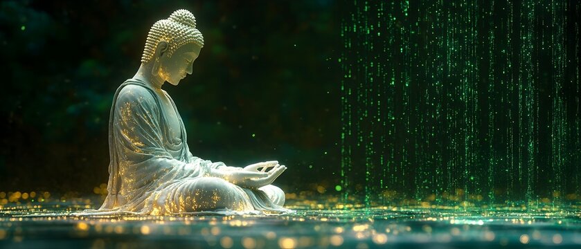 white color buddha in a meditation pose at a black background with a green color matrix rain. vesak festival, buddhist festival and lord buddha, meditation and mindfulness, technology and buddhism	