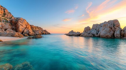 Fototapeta premium Remote cove beach with towering rock formations, crystalclear waters, and golden sunset hues, a hidden treasure, rocky cove, sunset tranquility