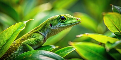 Fototapeta premium Hidden gecko camouflaged in green leaves