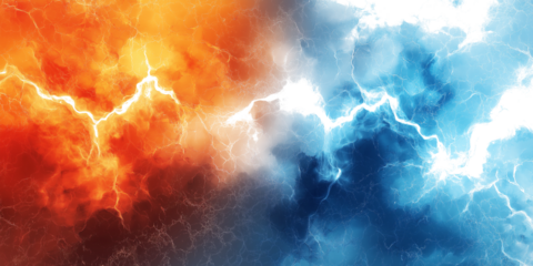 Orange blue electric lightning isolated on white or transparent, PNG, Ai