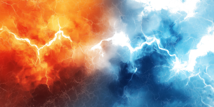 Orange blue electric lightning isolated on white or transparent, PNG, Ai