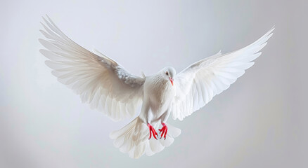 Obraz premium A white dove soars with spread wings against a minimalist backdrop, creating an elegant visual.