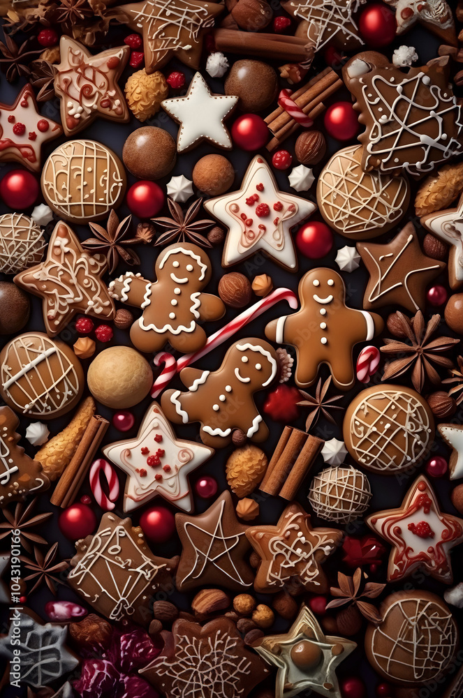 Wall mural Abstract background with Christmas gingerbread pieces and cookies on brown background. Vertical composition.