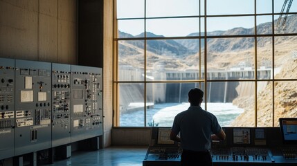 Fototapeta premium A person observing a large dam through a control room window, surrounded by control panels and a scenic, mountainous landscape.