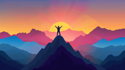 A silhouette of an individual standing on top of a mountain peak with arms raised in victory, symbolizing success and achievement, with a panoramic view of mountains under the sunrise or sunset sky.