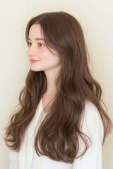 Naklejka premium Side profile portrait of a young woman with long wavy hair and natural beauty wearing a white outfit