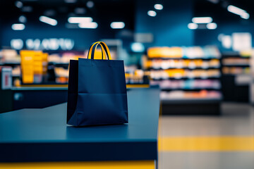 dark blue shopping bag stands on stripe tape in the checkout area of the supermarket