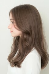 Fototapeta premium Side profile portrait of a young woman with long wavy hair and natural beauty wearing a white outfit