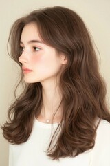 Fototapeta premium Side profile portrait of a young woman with long wavy hair and natural beauty wearing a white outfit