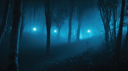 Obraz premium Foreboding Atmosphere: Misty Forest with Ghostly Beacons