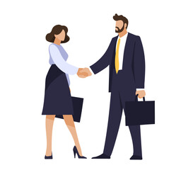 Businessmen shaking hands, man and woman made a business deal, negotiation concept, contract conclusion, successful cooperation, teamwork. Flat vector illustration.