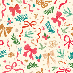 Christmas coquette seamless pattern with pink bows ribbon, cute winter fir branches, stars. Vector New Year holiday print with retro bow knots, floral ornament, hand drawn wallpaper, repeat background