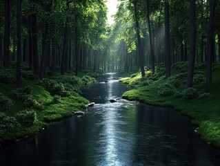 Obraz premium Serene winding river flows lazily through a tranquil forest, inviting peace and reflection in nature's embrace.