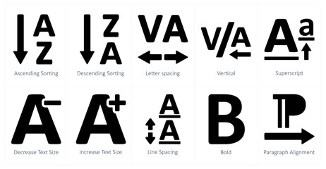 A set of 10 editing tools icons as ascending sorting, descending sorting, letter spacing