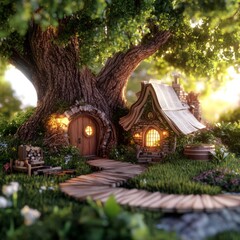 A quaint cottage nestled within the roots of a giant tree, bathed in the warm glow of the setting sun. A wooden path leads to the enchanting abode.