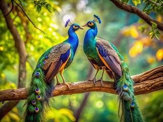 Obraz premium Romantic Peacock Birds on a Branch in Love - Candid Photography, Nature, Wildlife, Couple, Beauty 