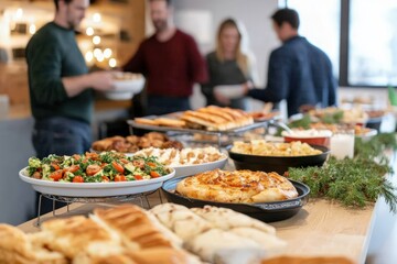 A table full of delicious food with blurred people in the background.