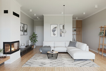 Modern living room interior with fireplace, featuring contemporary furniture and decor, perfect for comfortable and stylish living