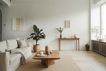 Modern living room interior with fireplace, featuring comfortable sofa, armchair, and coffee table, perfect for relaxing in a contemporary home