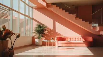 Fototapeta premium Modern pink lounge with a sofa, plants, and sunlight in a stylish interior