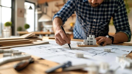 Fototapeta premium Architect Designing Building with Model and Blueprints
