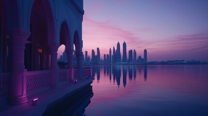 Fototapeta premium A serene cityscape reflected in still water at dusk. The architecture suggests a Middle Eastern or Arabian aesthetic.