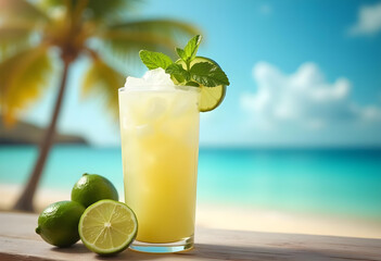 Refreshing cocktail with mint and lime on tropical beach