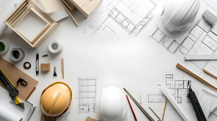 Sleek and Modern Renovation Company Office Workspace with Construction Tools and Building Plans