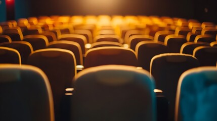 Obraz premium Elegant Empty Theater Seats in Cinematic Lighting and Dramatic Atmosphere