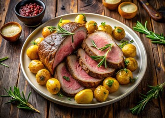 Sliced Roasted Beef with Roasted Potatoes on a Plate - Delicious Gourmet Meal, Savory Dish, Comfort Food, Culinary Delight, Home-Cooked, Tasty Dinner, Food Presentation, Mouthwatering
