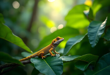 Obraz premium vibrant lizard perched on green leaves, showcasing natures beauty
