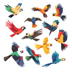 Vibrant collection of colorful birds soaring in various poses, showcasing their unique plumage and beauty in a lively arrangement.
