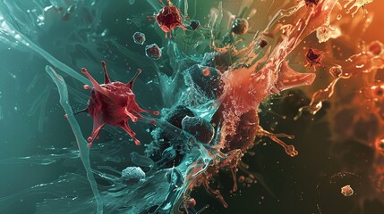 High-Resolution Necrotic Cell Structure: Vibrant Highlighted Components, Surrounding Tissue Context