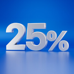 White twenty-five percent or 25 % isolated on blue background. 3D render