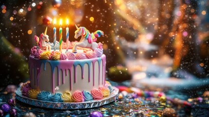A colorful unicorn-themed birthday cake with candles, set in a festive atmosphere.