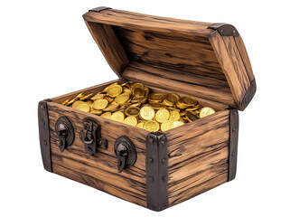 A open wooden chest filled with golden coins, isolated transparent background
