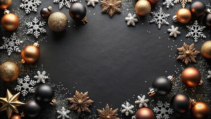 High Angle Christmas Black Background with Balls and Snowflakes