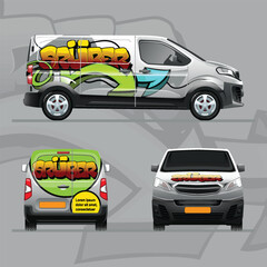 Mockup example of lettering with graphics on a company van, set of three sides.