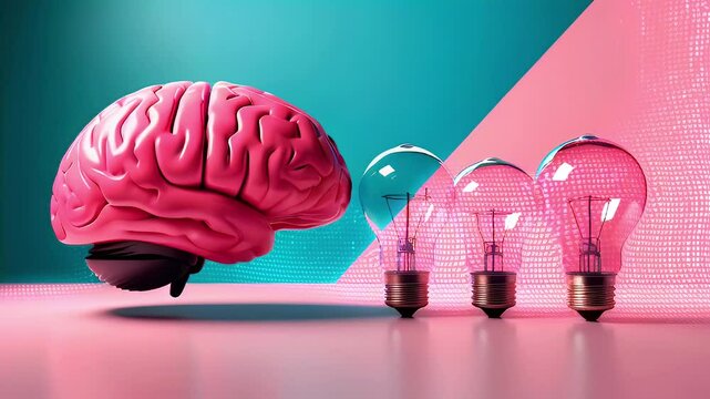 Pink human brain floating over three lightbulbs on pink and teal surface.
