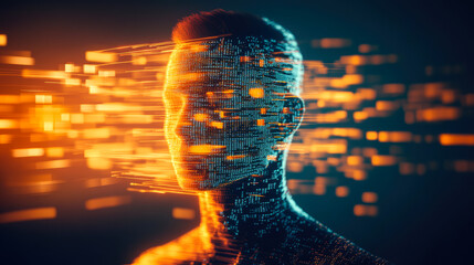 A human figure rendered in bright, orange pixelated elements, signifying digital transformation and modern identity exploration.