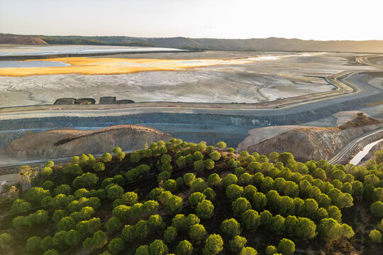 Aerial view of Rio Tinto mine at sunset in Huelva, Spain