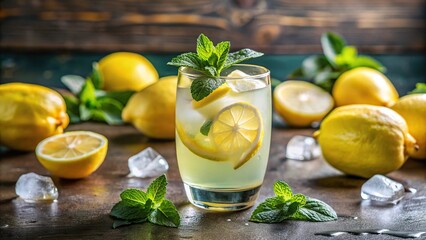 Fototapeta premium Refreshment of iced lemonade with mint leaves, fresh lemons, and scattered ice cubes on tabletop