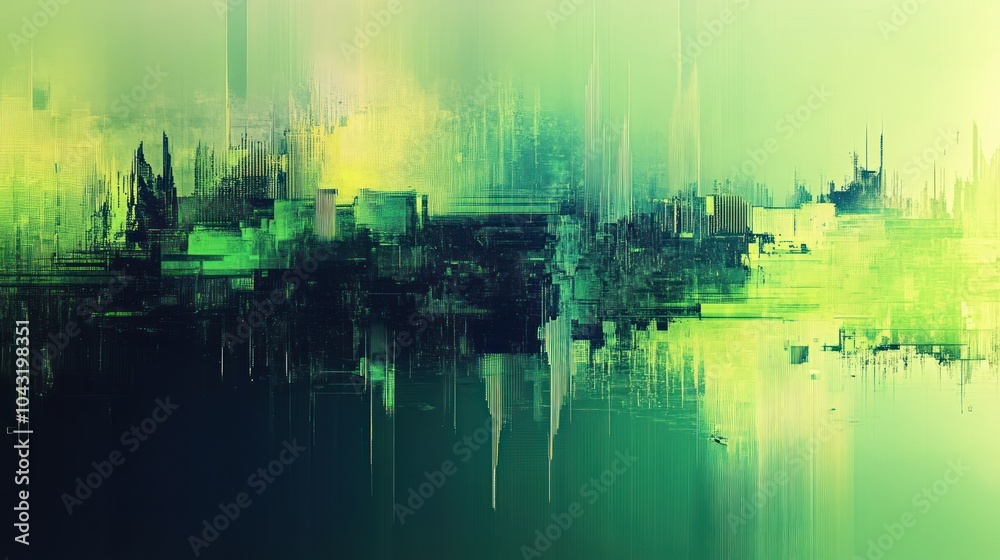 Wall mural horizontal digital distortion with alternating glitch lines and static noise in vibrant shades of gr