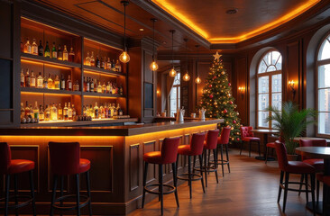 Cozy retro bar decorated for Christmas