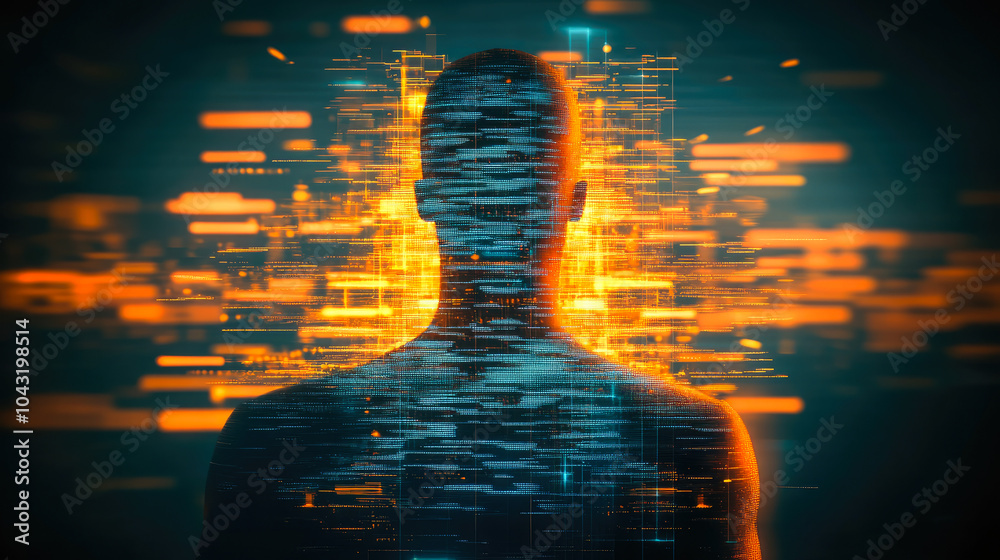Poster A human silhouette is disintegrating into a multitude of tiny pixels, illustrating the theme of digital transformation and fragmentation.