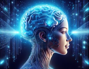 Obraz premium Illustration of the human brain combined with modern technology, Generative AI