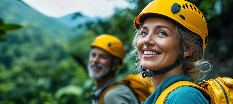 smiling senior couple wearing yellow helmets on hiking adventure in mountains, generative ai - Powered by Adobe
