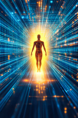 A human-like figure illuminated in a tunnel of lines suggesting movement through dimensions, exploring digital realms.