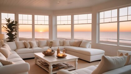 Obraz premium White coastal living room with sunset over ocean
